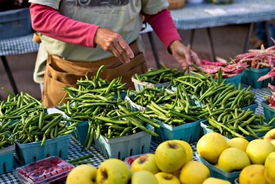 Feirante manipulando vegetais